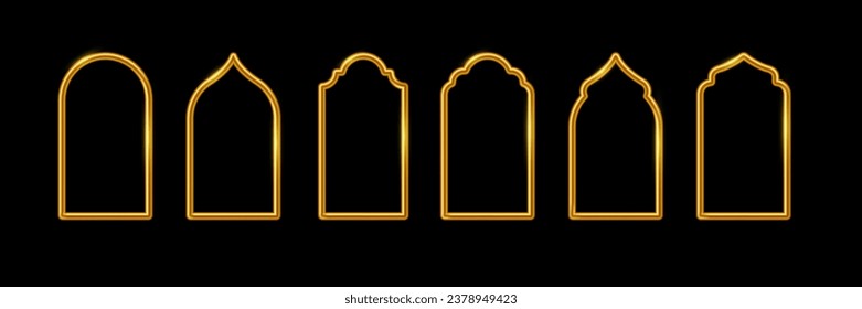 Islamic window or door arch shape set. Muslim arab gold frames collection isolated on black background. Mosque gates, arabesque patterns.