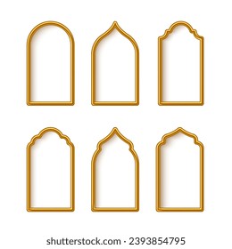 Islamic window or door arch shape vector. Muslim arab gold frames collection isolated on white background. Mosque gates, arabesque patterns.