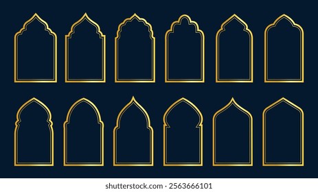 Islamic window and door shape. Arabic golden arch, Arabian border, gate or door, Ramadan Kareem frames on blue background.	
