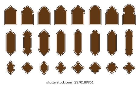 Islamic window and door shapes. Isolated vector set of arab mosque arches and gates. Elegant architecture elements, icons for Muslim Ramadan Kareem and Eid Mubarak holiday. Brown portal frames