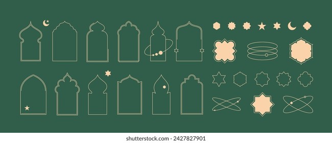 Formas de marco de ventana islámica con la colección de ilustraciones de elementos de estrella y luna. Conjunto de siluetas de puerta de arco geométrico de arquitectura árabe. Iconos de las puertas de la mezquita de Ramadán Kareem