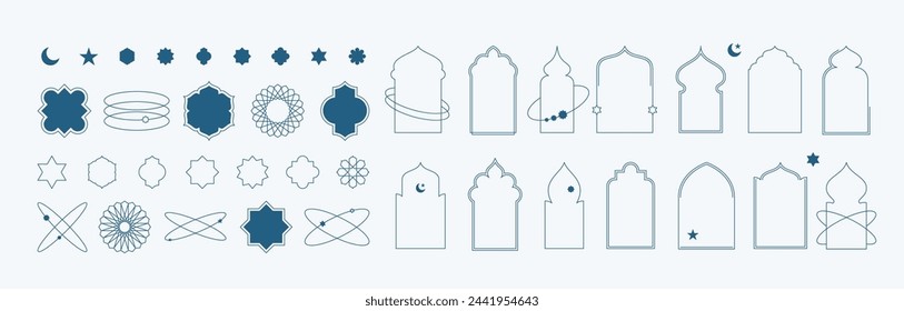 Islamic window frame shapes with star and moon elements illustrations collection. Arabian architecture geometric arch door silhouettes set. Ramadan Kareem mosque gates icons Isolated