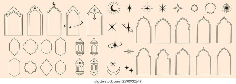 Islamic window frame shapes with star and moon elements set. Ramadan Kareem and Eid Mubarak. Arabian architecture, arches, door, stars and moon, mosque doors, mosque domes and lanterns.