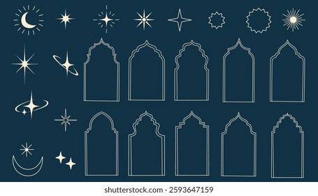Islamic window frame shapes with star and moon elements set. Ramadan Kareem and Eid Mubarak. Arabian architecture, arches, door, stars and moon, mosque doors, mosque domes and lanterns.