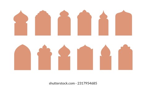 Islamic window frames illustrations collection. Arabian architecture geometric arch door shapes silhouettes set. Ramadan kareem mosque gates icons. Isolated