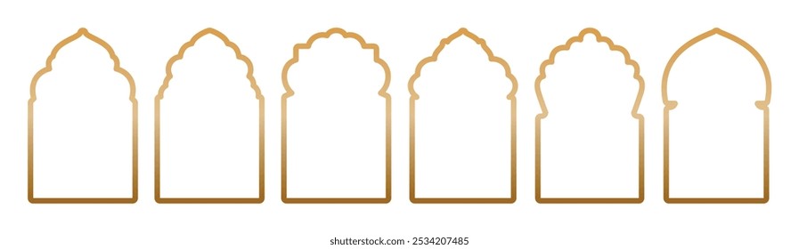 Islamic window line gold gradient shape collection isolated on transparent background. Arabic, Muslim architecture outline frame. Traditional, oriental design. Silhouettes arabesque traditional vector