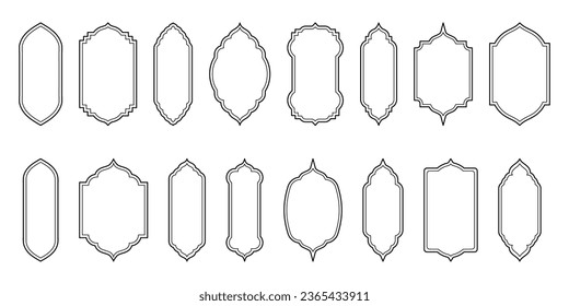 Islamic window line shape collection. Arabic, Muslim architecture outline frame. Traditional, oriental design
