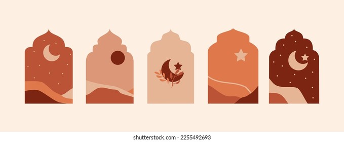 Islamic window mountain landscape. Modern arabian arch oriental style, abstract boho minimal art. Ramadan arch with boho style.