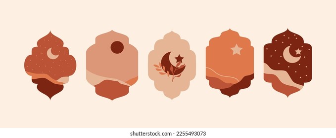 El paisaje montañoso de la ventana islámica. Moderno estilo arabiano oriental, arte abstracto de boho mínimo. Arco de Ramadán con estilo boho.