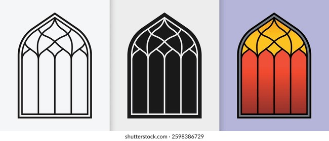 Islamic window outline and silhouette icon set with isolated flat vector illustration for eid celebration