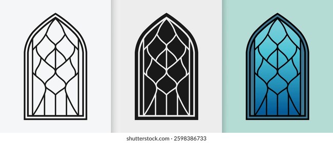 Islamic window outline and silhouette icon set with isolated flat vector illustration for eid celebration