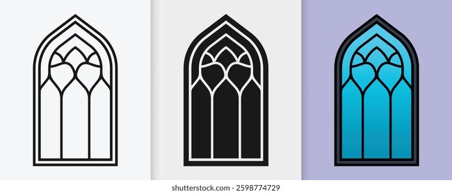 Islamic window outline and silhouette icon set with isolated flat vector illustration for eid celebration