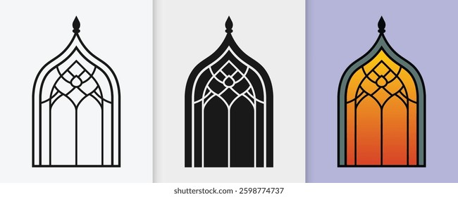 Islamic window outline and silhouette icon set with isolated flat vector illustration for eid celebration