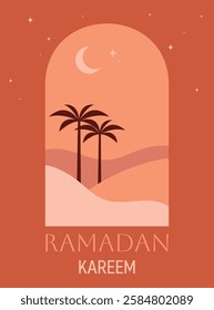 Islamic window postcard with desert view with palm trees in boho style. Oriental style poster with modern design. Ramadan Kareem