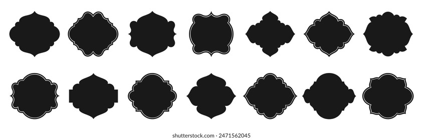 Ventana islámica. Silueta negra de Elementos de diseño árabes o decoración de estilo oriental. La arquitectura musulmana encuadra diferentes Formas para el Ramadán. Arcos de mezquita de Vector aislados sobre fondo blanco