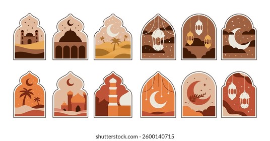 Islamic window set featuring crescent moon, lanterns, mosques, and desert landscapes in warm earthy tones, perfect for Ramadan, Eid, and traditional Middle Eastern themes.