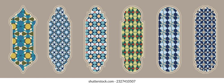 Forma de ventana islámica con patrón de mashrabiya de color. Marco de la puerta árabe. Elementos de aritectura islámica del patrón de mashrabiya de ventana y puerta y color