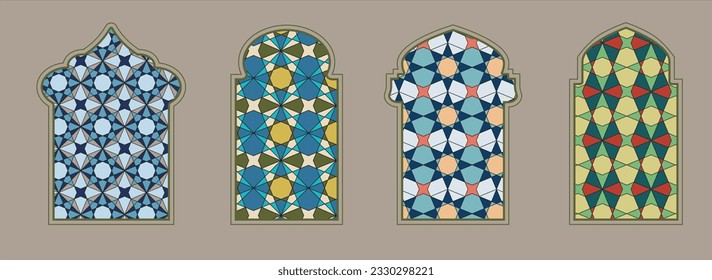 Islamic window shape with color mashrabiya pattern. Arabic door frame. Islamic arhitecture elements of window and door and color mashrabiya pattern