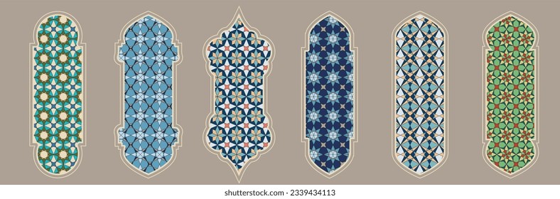 Islamic window shape with color mashrabiya pattern. Arabic door frame. Islamic arhitecture elements of window and door and color mashrabiya pattern