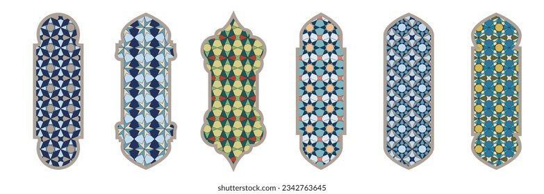 Islamic window shape with color mashrabiya pattern. Arabic door frame. Islamic arhitecture elements of window and door and color mashrabiya pattern