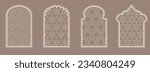 Islamic window shape with mashrabiya pattern. Arabic door frame. Islamic arhitecture elements of window and door and mashrabiya pattern