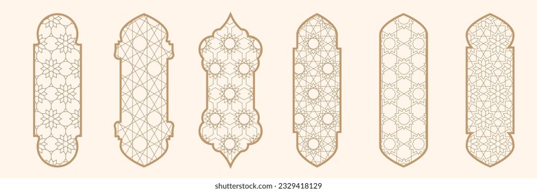 Islamic window shape with mashrabiya pattern. Arabic door frame. Islamic arhitecture elements of window and door and mashrabiya pattern