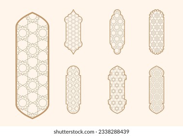 Islamic window shape with mashrabiya pattern. Arabic door frame. Islamic arhitecture elements of window and door and mashrabiya pattern