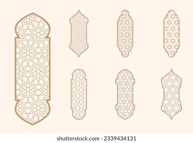 Islamische Fensterform mit Maschrabiymuster. arabischer Türrahmen. Elemente der islamischen Architektur von Fenstern und Türen und Maschrabiymuster