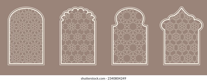 Islamic window shape with mashrabiya pattern. Arabic door frame. Islamic arhitecture elements of window and door and mashrabiya pattern