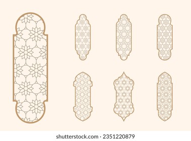 Forma de ventana islámica con patrón mashrabiya. Marco de la puerta árabe. Elementos de arquitectura islámica de la ventana y la puerta y patrón de mashrabiya