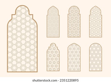 Islamic window shape with mashrabiya pattern. Arabic door frame. Islamic arhitecture elements of window and door and mashrabiya pattern