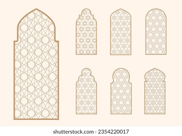 Islamic window shape with mashrabiya pattern. Arabic door frame. Islamic arhitecture elements of window and door and mashrabiya pattern