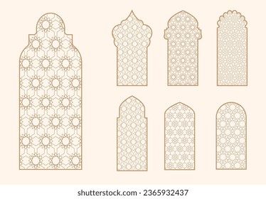 Islamic window shape with mashrabiya pattern. Arabic door frame. Islamic arhitecture elements of window and door and mashrabiya pattern