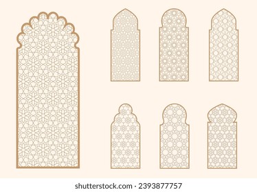 Islamic window shape with mashrabiya pattern. Arabic door frame. Islamic arhitecture elements of window and door and mashrabiya pattern