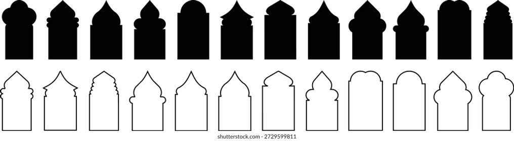 Formas de ventana islámicas en puerta Silueta negra de estilo oriental Arcos decorativos Eid Mubarak, bordes de mezquitas o puertas marroquíes. Elementos de diseño de arquitectura árabe musulmana,