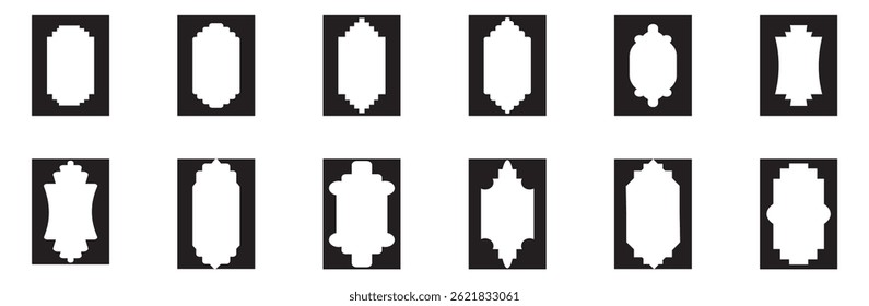  Formas de ventana islámicas en estilo oriental. Conjunto de bordes de mezquita de silueta negra. Puerta de Vector islámico y forma de ventana. Arcos tradicionales boho diseño minimalista
