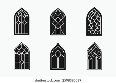 Islamic window silhouette icon bundle set in black and white isolated flat vector illustration for eid celebration