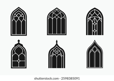 Islamic window silhouette icon bundle set in black and white isolated flat vector illustration for eid celebration