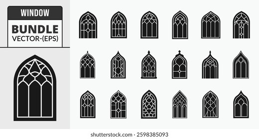 Islamic window silhouette icon bundle set in black and white isolated flat vector illustration for eid celebration