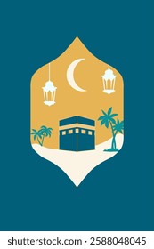Islamic window with islamic view in boho style and modern design. Frame with arabic muslim landscape for Ramadan Kareem and Ied Mubarak.
