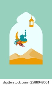 Islamic window with islamic view in boho style and modern design. Frame with arabic muslim landscape for Ramadan Kareem and Ied Mubarak.
