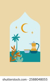 Islamic window with islamic view in boho style and modern design. Frame with arabic muslim landscape for Ramadan Kareem and Ied Mubarak.

