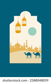 Islamic window with islamic view in boho style and modern design. Frame with arabic muslim landscape for Ramadan Kareem and Ied Mubarak.
