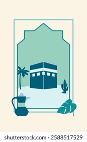 Islamic window with islamic view in boho style and modern design. Frame with arabic landscape for Ramadan Kareem and Ied Mubarak.
