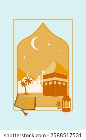Islamic window with islamic view in boho style and modern design. Frame with arabic landscape for Ramadan Kareem and Ied Mubarak.