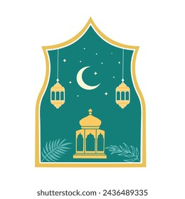 Ventanas y arcos islámicos con diseño boho moderno, luna creciente, mezquita, estrellas y linternas. Ramadán Eid Mubarak. Paisaje islámico moderno. Tarjeta con la mezquita árabe y la luna. Mes sagrado musulmán