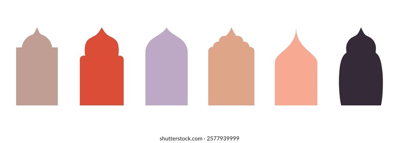 Islamic windows and arches with mosque domes and lanterns in an oriental modern style. Traditional Arabic and Persian architecture elements. Ideal for Ramadan, Eid Mubarak, and festive Islamic decor.