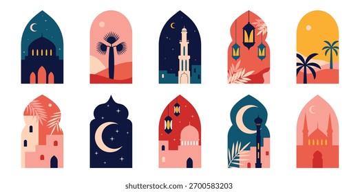 Janelas e arcos islâmicos em estilo oriental. Elementos da cultura árabe. Visões de janelas de santuários muçulmanos e da natureza asiática. Ilustrações vetoriais usando símbolos islâmicos para Ramadan Kareem, Eid al-Adha