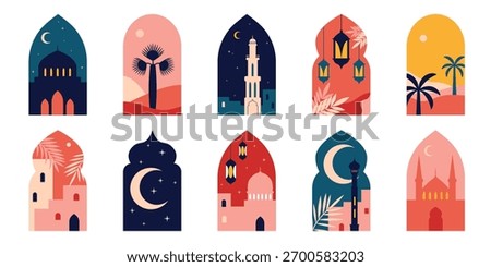Islamic windows and arches in oriental style. Elements of Arabic culture. Window views of Muslim shrines and Asian nature. Vector illustrations using Islamic symbols for Ramadan Kareem, Eid al-Adha