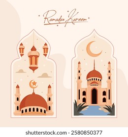 islamic windows in boho design with moon, mosque dome, and lantern